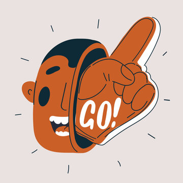 Cartoon vector illustration of head with foam hand showing &lsquo;Go&rsquo;, symbolizing encouragement and green light