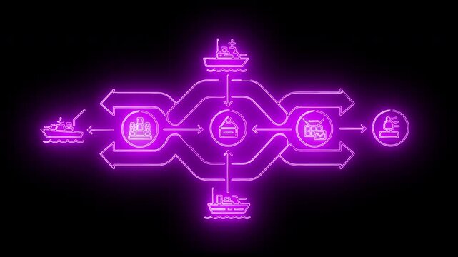 Neon-lit flowchart diagram with purple glowing lines and icons on a black background, illustrating a process or system with a futuristic and technological mood.