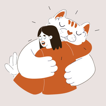 Cartoon vector illustration of giant cat hugging a woman, symbolizing warmth and comfort