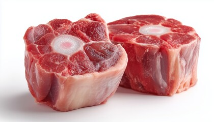 Fototapeta premium Italian Dish Osso Buco: White Background Featuring Raw Veal Meat With Marrow Bone Cutout For Traditional Recipe Preparation. A Savory Delight.