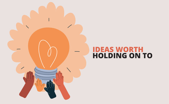 Cartoon vector illustration of hands holding a glowing light bulb, symbolizing ideas and inspiration