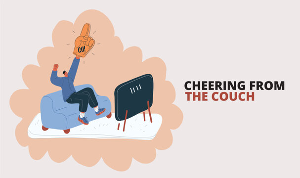Cartoon vector illustration of man on sofa with foam hand giving thumbs up while jumping, symbolizing enthusiastic support and excitement