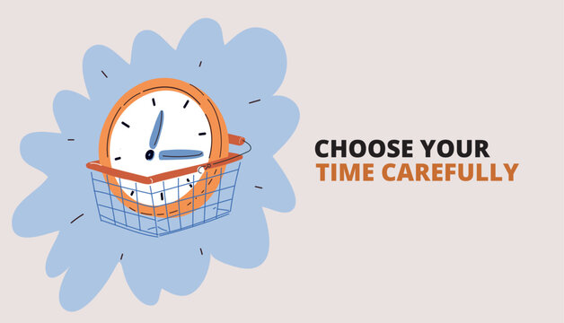 Cartoon vector illustration of clock inside a basket, symbolizing time management and collection of moments
