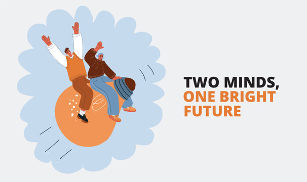 Cartoon vector illustration of people riding a giant light bulb, symbolizing ideas taking flight and collective inspiration