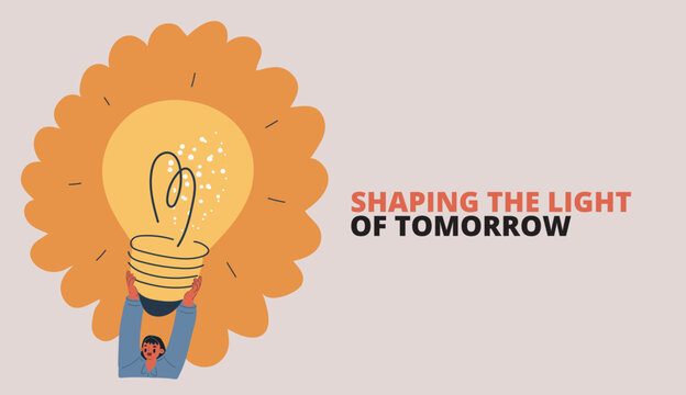 Cartoon vector illustration of woman holding a glowing light bulb above her head, symbolizing inspiration and breakthrough ideas