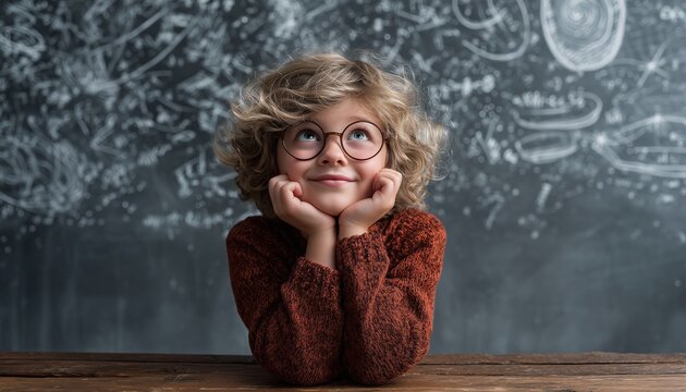 Happy Student Girl Sitting At Desk In Front Of Grey Blackboard With Education And School Related Icons In Digital Composite.