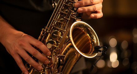 Obraz premium Close-up of a musician's hands skillfully playing a golden brass saxophone during a performance or practice session.