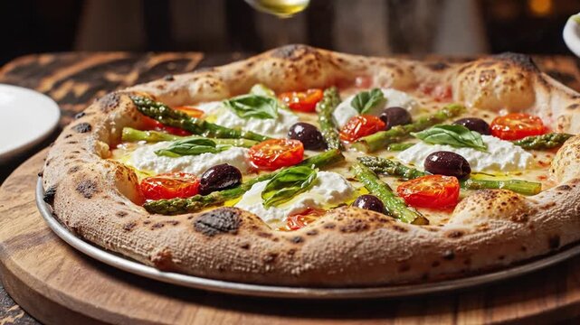 Neapolitan pizza with asparagus, cherry tomatoes and burrata cheese