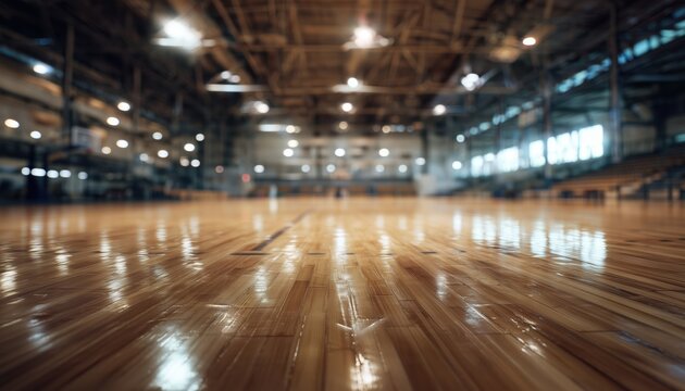 Blurry Image Of Desolate Basketball Court With Bright Illumination And Reflective Wooden Surface In Wide-Angle Perspective. A Defocused Photograph.