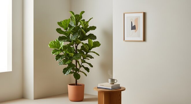 A tall fiddle leaf fig tree in a terracotta pot placed in a bright minimalist living room corner
