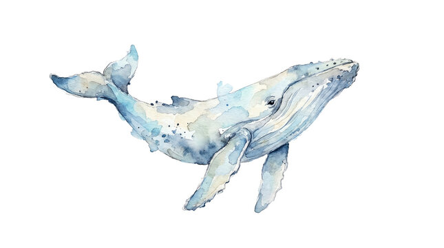 Watercolor whale illustration with abstract blue background