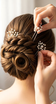 Close-up of a hairstylist adding pearl hairpins to an elegant braided updo hairstyle.