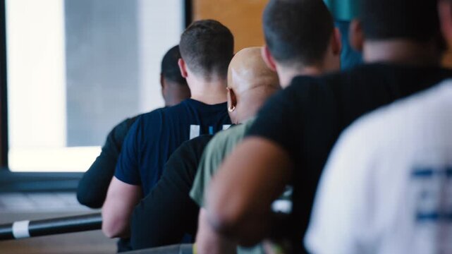 Male coach giving instructions to a group of men during a rowing workout session in a fitness center