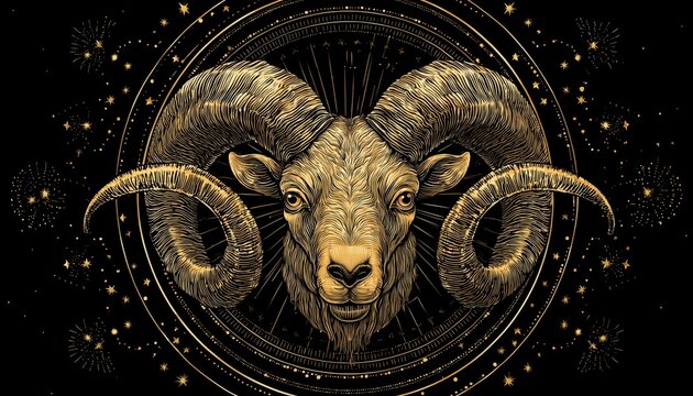 Digital Image Of Aries Zodiac Sign With Stars Against A Black Background. Zodiac Signs, Stars, And Horoscopes In A Digitally Created Picture.