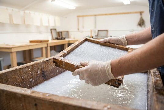 Craftsman holding wooden frame with wet pulp in papermaking workshop