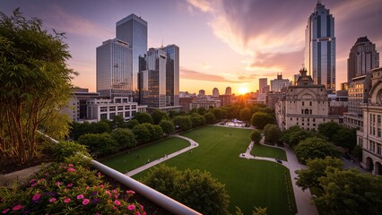 Fototapeta premium Sunset Harmony: Where History Meets Nature in the Modern Skyline