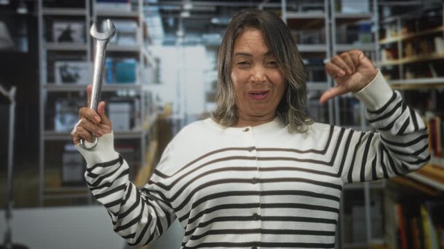 Woman holding wrench and giving thumbs down while smiling in a storage building aisle, striped sweater visible; playful confidence.