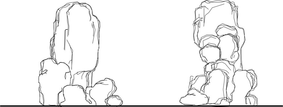 Technical elevation drawing showing natural rock formations or decorative stone sculptures with irregular organic shapes and texture hatching for landscape design.