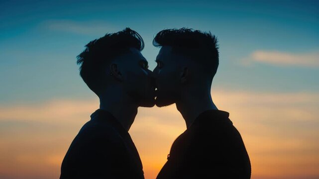 Silhouette of Lovers Kissing: A tender silhouette captures the intimate moment of a loving kiss between two individuals, framed against the warm embrace of a stunning sunset.