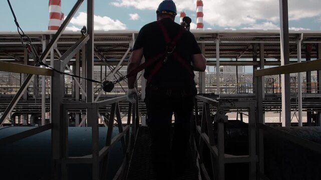 Professional assembler heightsman in helmet and safety system goes out on a tank car to load fuel for transportation