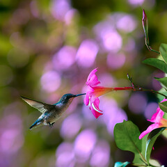 Naklejka premium Image of Hummingbird sucking nectar from pink flower 