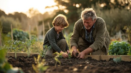 Fototapeta premium Senior Man Teaches Grandson to Plant Seeds in Backyard Garden During Warm Morning Light