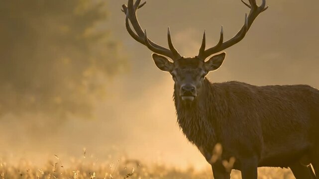 A majestic stag grazing in a misty, sunlit meadow.