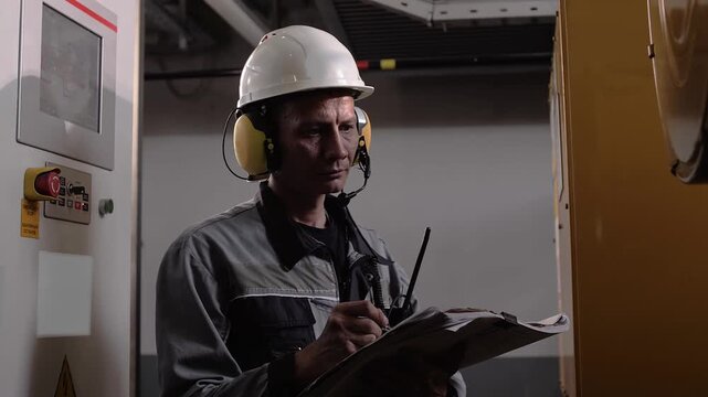 Professional engineer at diesel units in the engine room on a cargo ship