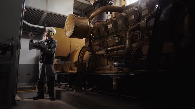 Mechanical engineer works on a huge ship's engine in the engine room of a ship
