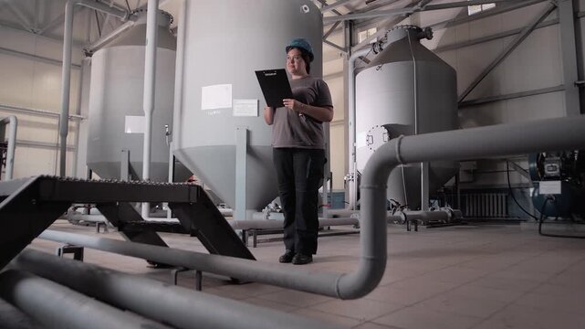 Woman engineer in protective uniform at wastewater treatment plant to protect ecology