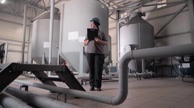 Woman foreman stands with a tablet and monitors units at the wastewater treatment plant