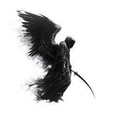 Fototapeta premium A dark hooded figure with shadowy wings and a scythe disintegrates into particles against a white background symbolizing death and the ephemeral