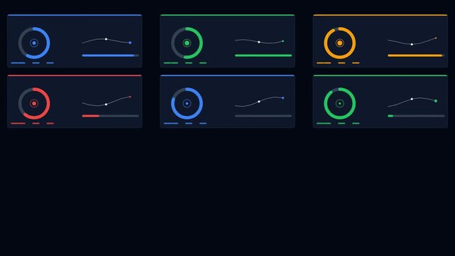 Dynamic digital interface components displaying real-time data visualization with animated progress rings and analytical trend graphs for modern dashboards