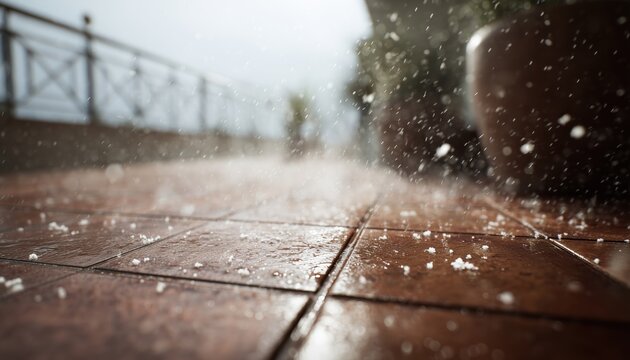 Grains Of Soft Hail And Raindrops Falling On Wet Brown Tiled Balcony Floor During Summer Thunderstorm In Unpredictable Spring Weather.