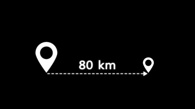 location icon on black background . 80 km distance icon. distance from one place to another is kilometer.