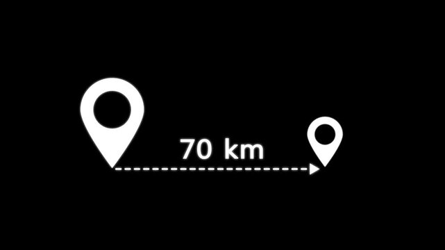 location icon on black background . 70 km distance icon. distance from one place to another is kilometer.