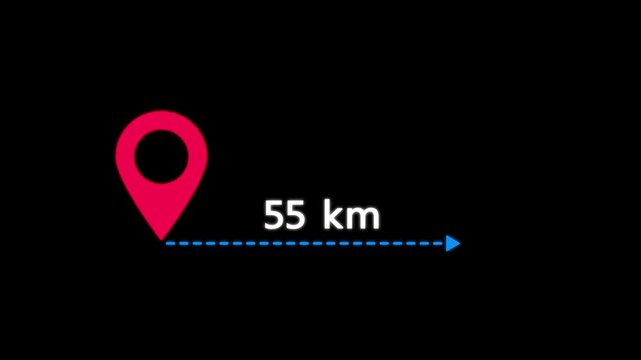 location icon on black background . 55 km distance icon. distance from one place to another is kilometer.