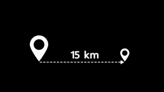 location icon on black background . 15 km distance icon. distance from one place to another is kilometer.