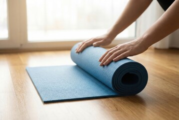 Fototapeta premium Close up of hands rolling up blue exercise mat on wooden floor after yoga practice