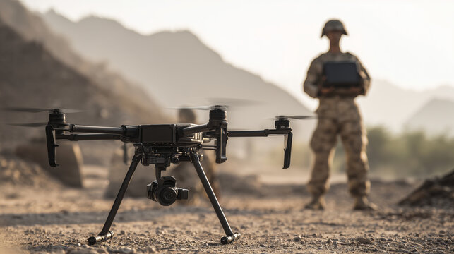 military quadcopter drone, soldier with remote controller, tactical surveillance technology, unmanned reconnaissance, defense operations, field deployment, drone camera system, lar