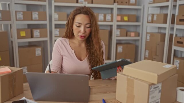 Woman pointing pen to laptop while holding tablet in building office packed with boxes and shelves; small business productivity.