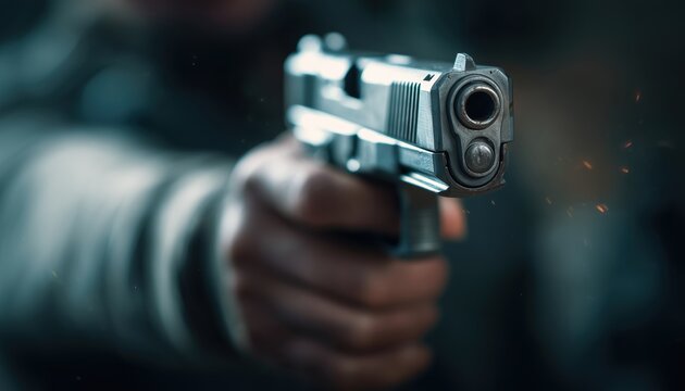 Worldwide Security: Expert Shooter Holding 9mm Automatic Pistol In Right Hand For Protection, Robbery, Gangster, And Bodyguard Purposes. Selective Focus On Pistol.