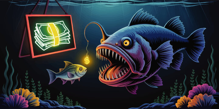 Aggressive deep sea predator luring small fish with glowing money bait, financial trap metaphor, underwater business risk illustration