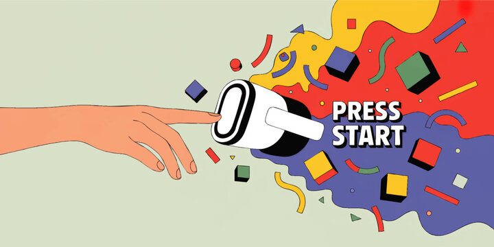 Colorful abstract game start button with hand pressing control and geometric confetti shapes, modern flat illustration background