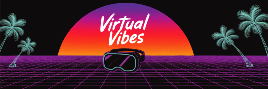 Retro synthwave virtual reality landscape with neon grid, palm trees and sunset, Virtual Vibes text banner for gaming and music