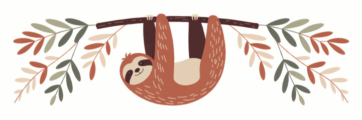 Naklejka premium Cute sloth hanging on branch illustration, boho pastel jungle nursery wall art, playful animal vector for kids decor and invitations