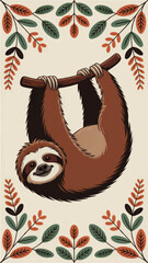 Naklejka premium Cute sloth hanging on branch illustration with decorative leaves, playful jungle animal art for kids room, nursery wall decor