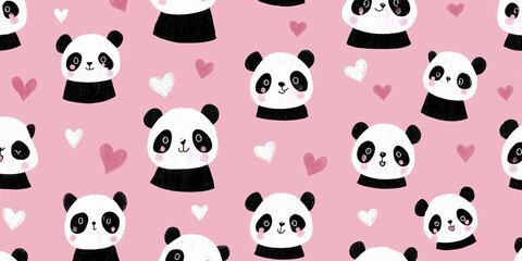 Obraz premium Adorable hand-drawn panda bear faces and small hearts in a seamless pattern over a soft pink background, ideal for children's textile design, scrapbooking, and nursery wallpaper decoration
