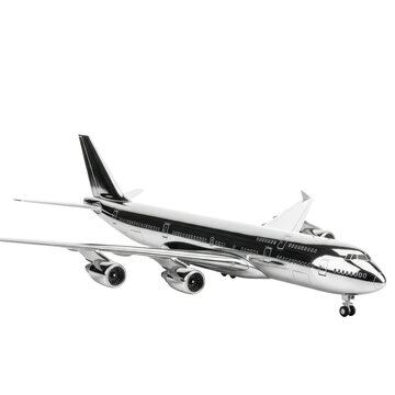 meticulously detailed chrome metallic scale model of a four-engine passenger airliner on a reflective white surface against a high-key studio background, concept of modern air travel and engineering.