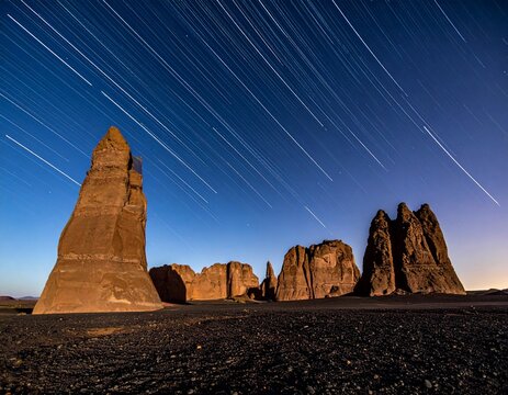 Nightscape of massive yardang monoliths in remote desert with horizontal star trails. Sharp volcanic stones, geometric rock formations, and deep focus with copy space. Desert nature concept.